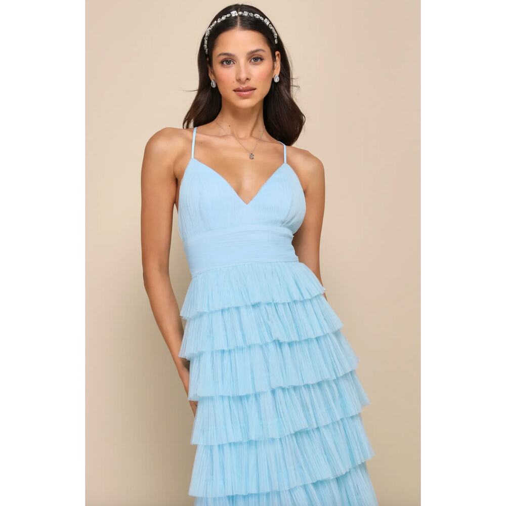 Lulus Radiant Event Light Blue Mesh Tiered Pleated Backless Maxi Dress Large NWT - Picture 4 of 11
